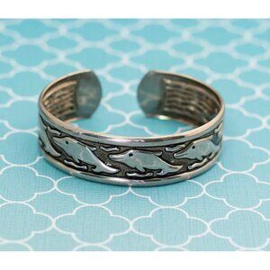 Vintage Cute Dolphin Silver Tone Tone Cuff Bracelet 6 1/4 Inch - R25